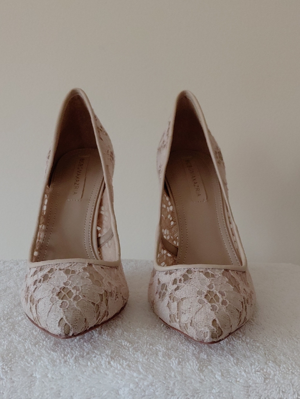 Lace Pointed-Toe Pumps in Beige